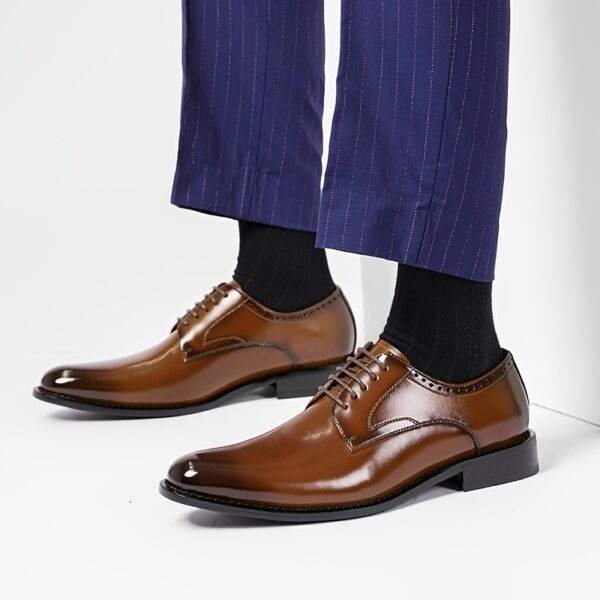 Men’s Solid Cowhide Derby Shoes – Plain Toe Lace-Up Dress Shoes with Non-Slip Sole - Image 2