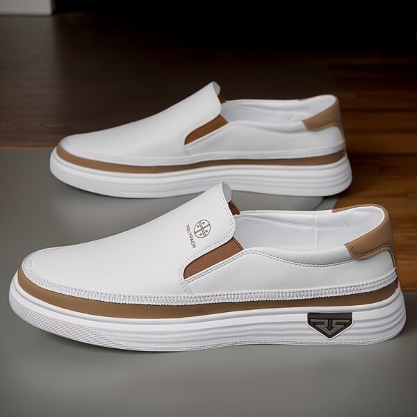 Men's Casual Slip-On Loafers - Soft Leather Upper, Comfortable & Durable, Non-Slip Rubber Sole, White with Brown Accents, Full Size Range for Casual Attire, Street Style, and Commuting, Commuting Loafers | Minimalist Loafers | Durable Construction - Image 6