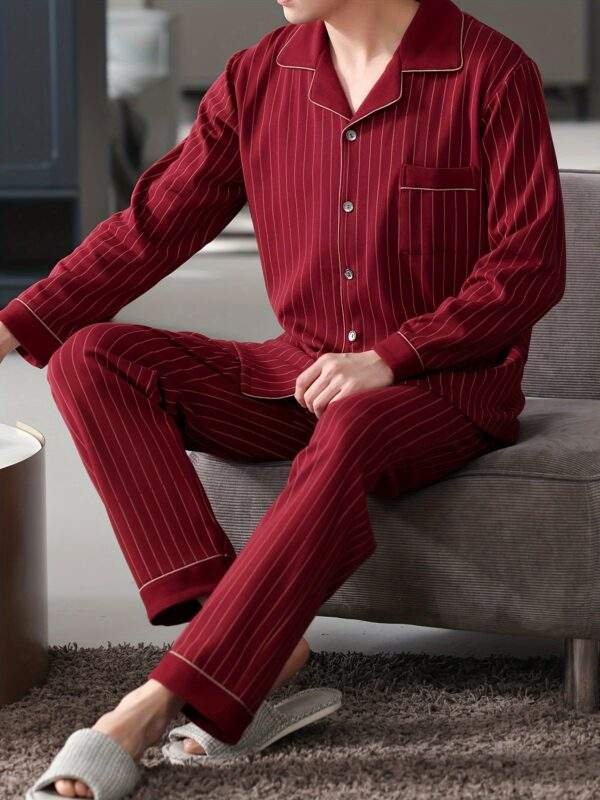 100% Cotton Men'S Pajama Set - Casual Lapel Collar Long Sleeve Sleepwear with Pockets, Striped Slight Stretch Knit Fabric, Loose Fit Lounge Sets for Spring/Fall - Image 2