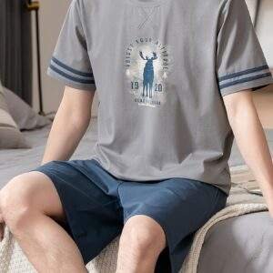 Men'S Casual Summer Cotton Pajama Set - "First Tour of America" Graphic Tee & Shorts, Lightweight & Comfortable, Casual Home Wear|Casual Style|Short Sleeve Shirt