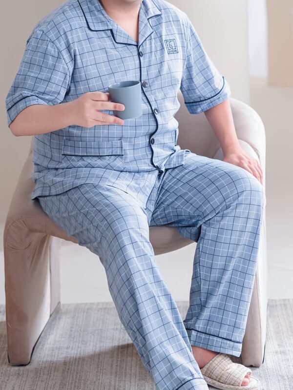 Plus Size Men's 100% Cotton Lapel Cardigan Short Sleeve Long Pants Loungewear, Soft Comfortable Breathable Home Wear, Fits Up to 154.22 KG, PLUS SIZE - Image 3
