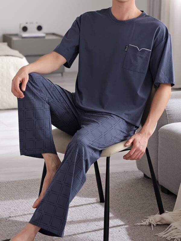 Men'S Summer Cotton Pajama Set, Casual Crew Neck Short Sleeve Long Pants with Pocket, Knit Fabric, Regular Fit, Slight Stretch, Solid Color, No Belt, Home Wear - Large Size - Image 2