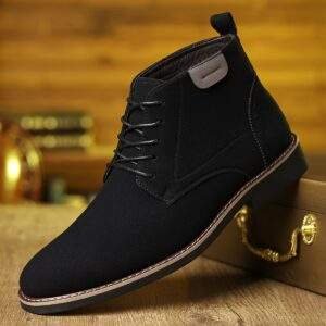 Men’s Black Business Casual Shoes – Retro Mid-Top Lace-Up Pointed Toe