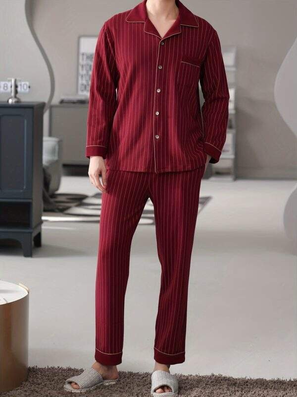 100% Cotton Men'S Pajama Set - Casual Lapel Collar Long Sleeve Sleepwear with Pockets, Striped Slight Stretch Knit Fabric, Loose Fit Lounge Sets for Spring/Fall - Image 5
