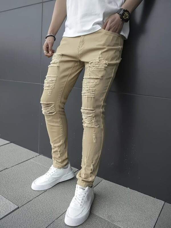 Plus Size Men’s Ripped Solid Denim Trousers – Slim Fit Cotton Blend Jeans with Pockets for Outdoor Activities - Image 2