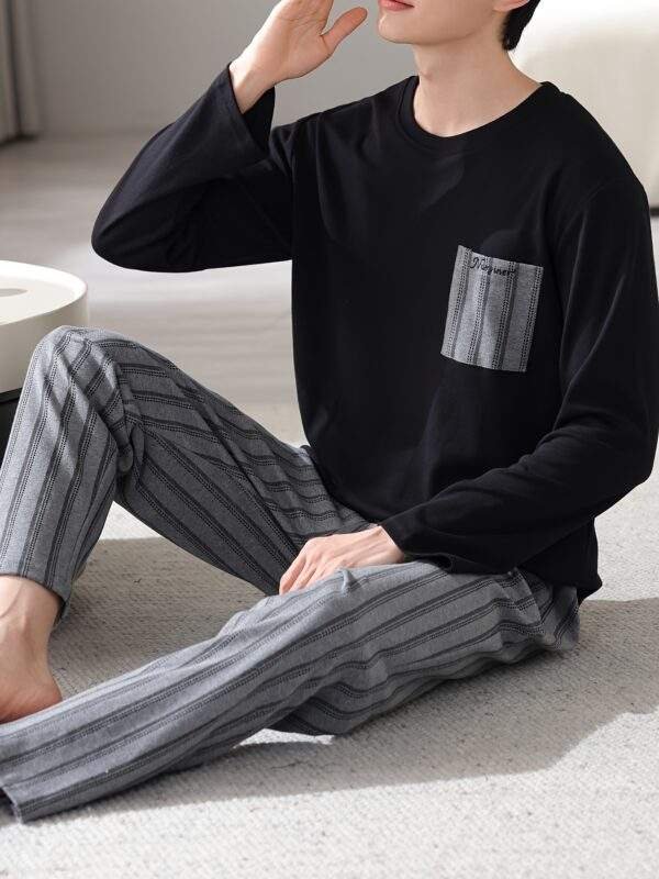 1set Men'S Casual Cotton Pajama Set, Long Sleeve Round Neck Sleepwear with Pockets, Loose Fit Knitted Pullover for Spring/Autumn - Comfortable Thin Cotton Outfit - Image 3