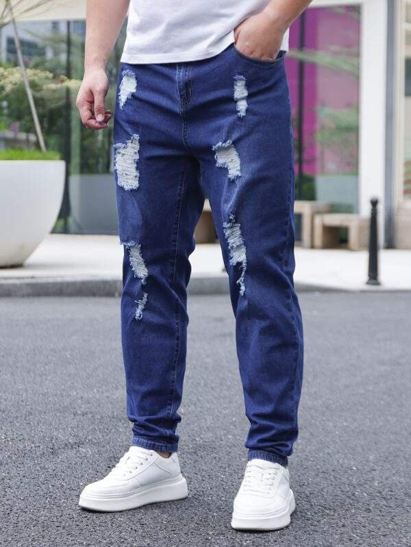Men’s Plus Size Skinny Jeans with Distressed Knees – Stretch Denim, Machine Washable, All-Season Comfort, Classic Fit Casual Pants, Durable Fabric - Image 4