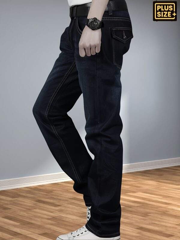 Plus-Size Men’s Stretchy Denim Pants – Comfortable Loose Straight Casual Trousers with Back Pockets & Flaps, All-Season, Plus Size - Image 7