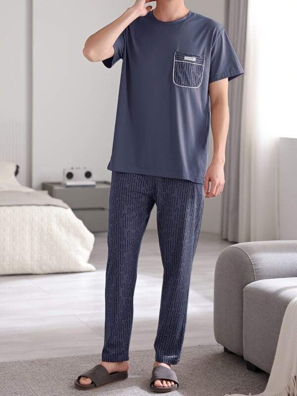 Easy Care, Men's Summer Cotton Pajama Set - Casual Short Sleeve & Long Pants, Breathable Lightweight Sleepwear with Pockets - Image 5