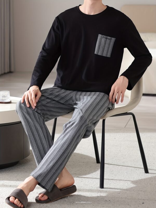 1set Men'S Casual Cotton Pajama Set, Long Sleeve Round Neck Sleepwear with Pockets, Loose Fit Knitted Pullover for Spring/Autumn - Comfortable Thin Cotton Outfit - Image 8