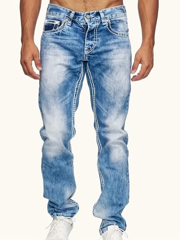 Plus Size Men's Fashion Stretch Jeans – Embroidered Blue Denim with Pockets, Casual & Comfortable, Machine Washable, PLUS SIZE - Image 3