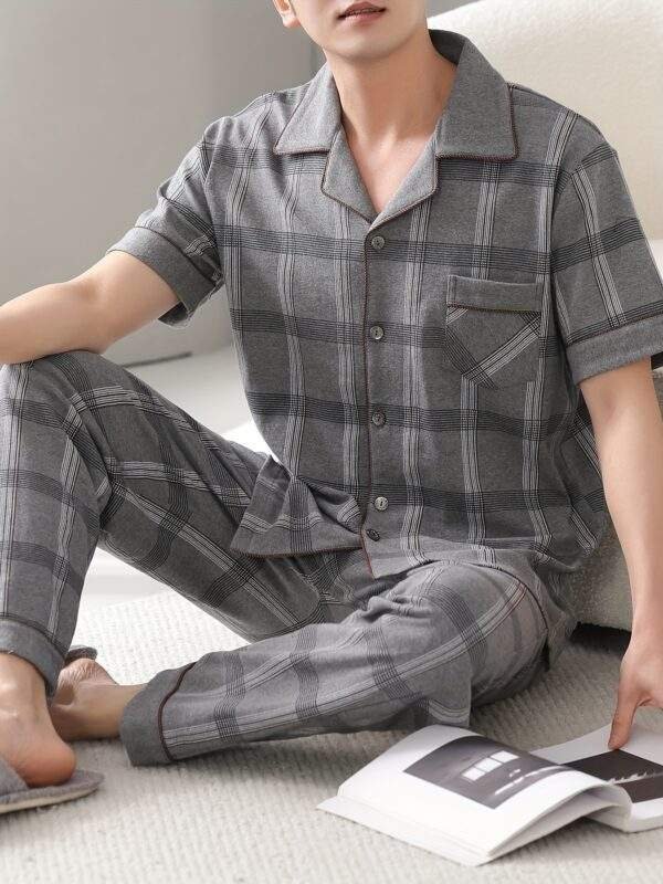 Men's Cotton Pajama Set - Lightweight, Breathable Summer Sleepwear with Short Sleeve Button-Up Top & Long Pants, Plus Size Available - Image 2