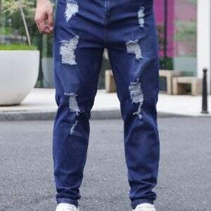 Men’s Plus Size Skinny Jeans with Distressed Knees – Stretch Denim, Machine Washable, All-Season Comfort, Classic Fit Casual Pants, Durable Fabric
