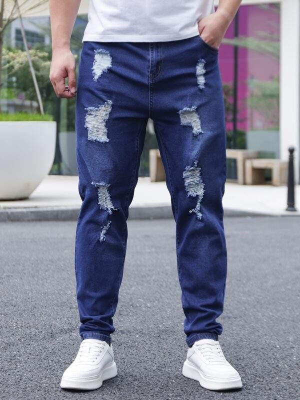 Men’s Plus Size Skinny Jeans with Distressed Knees – Stretch Denim, Machine Washable, All-Season Comfort, Classic Fit Casual Pants, Durable Fabric