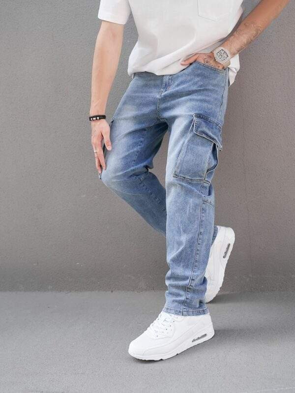 Men’s Plus Size Cargo Jeans – Stretch Denim, Slim Fit, Washed Blue, Pockets, Fall/Winter Casual Wear - Image 3