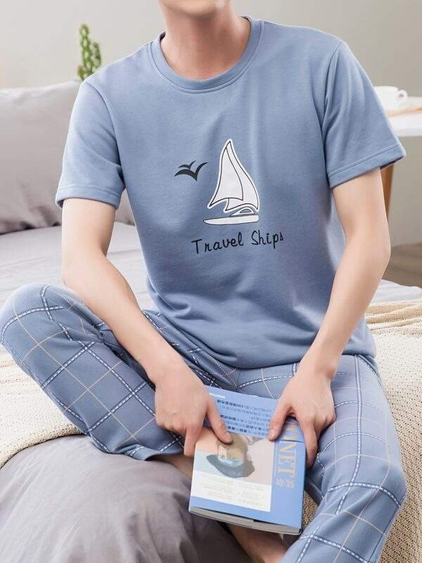 Men's Summer Cotton Pajama Set - Casual & Comfy Short Sleeve Tee with Long Pants, Breathable Lightweight Sleepwear - Image 3