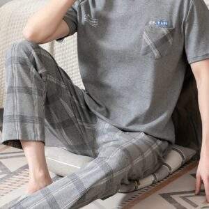 Men'S Summer Pajamas Made of Pure Cotton, Featuring Short Sleeves And Long Pants, Lightweight And Available in Plus Sizes for Young Adults.
