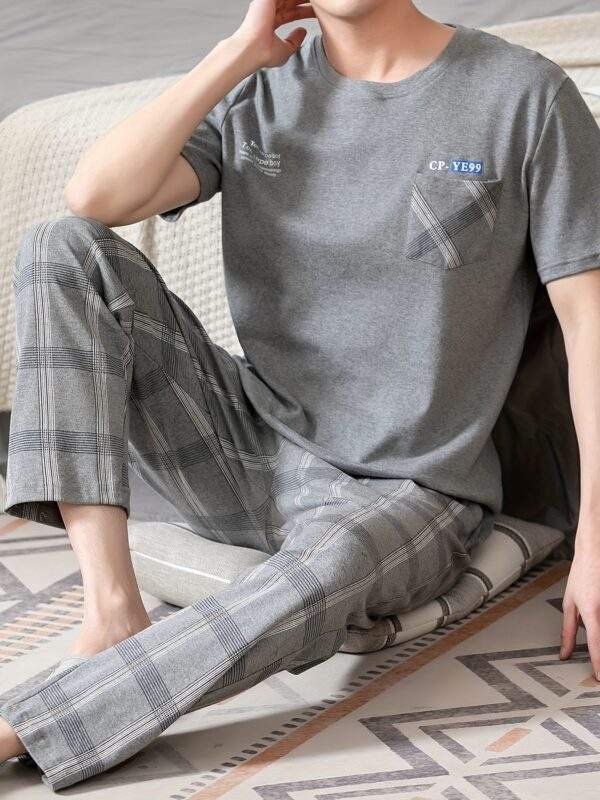 Men'S Summer Pajamas Made of Pure Cotton, Featuring Short Sleeves And Long Pants, Lightweight And Available in Plus Sizes for Young Adults.