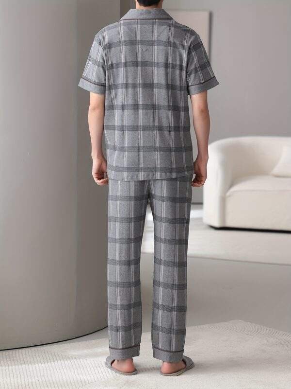 Men's Cotton Pajama Set - Lightweight, Breathable Summer Sleepwear with Short Sleeve Button-Up Top & Long Pants, Plus Size Available - Image 6