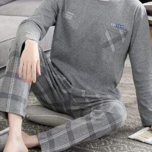 Men's Simple Style Casual Cotton Pajamas Sets, Solid Long Sleeve With Chest Pocket Crew Neck Top & Loose Checkered Pants Lounge Wear, Outdoor Sets For Spring Autumn
