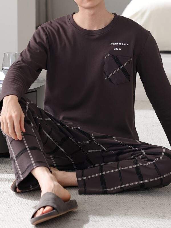 1set Men'S Casual Cotton Pajama Set, Long Sleeve Round Neck Sleepwear with Pockets, Loose Fit Knitted Pullover for Spring/Autumn - Comfortable Thin Cotton Outfit - Image 2