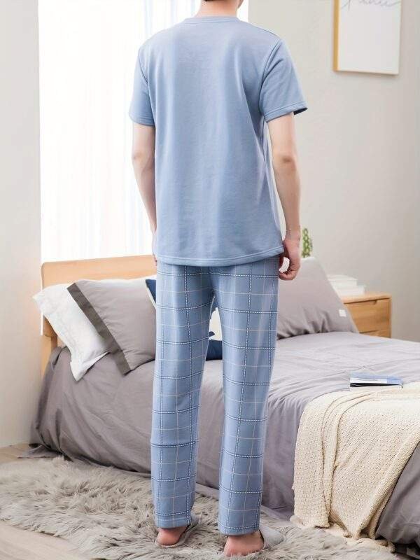 Men's Summer Cotton Pajama Set - Casual & Comfy Short Sleeve Tee with Long Pants, Breathable Lightweight Sleepwear - Image 6