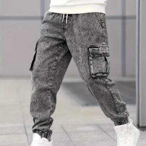 Men’s Slim Fit Cargo Jeans – Stylish Gray Denim, Multi-Pocket, Durable Cotton-Polyester Blend, All-Season