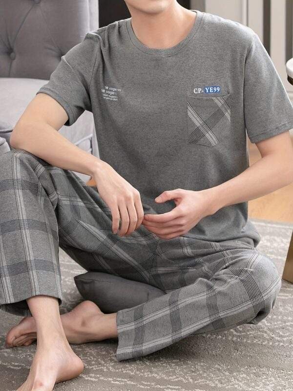 Men'S Summer Pajamas Made of Pure Cotton, Featuring Short Sleeves And Long Pants, Lightweight And Available in Plus Sizes for Young Adults. - Image 3