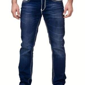 Men’s Slim-Fit Embroidered Pocket Jeans – Dark Blue Stretch Denim with White Stitching, Casual, Machine Washable, All-Season Versatile
