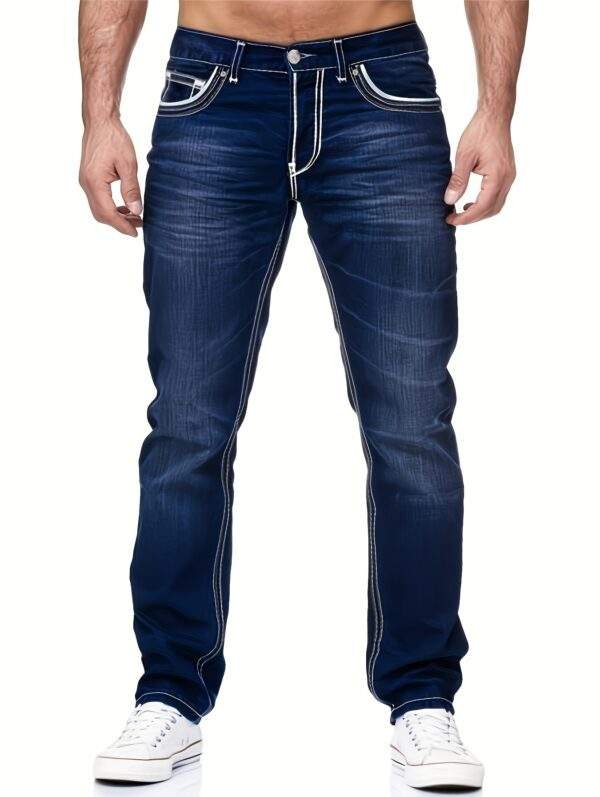 Men’s Slim-Fit Embroidered Pocket Jeans – Dark Blue Stretch Denim with White Stitching, Casual, Machine Washable, All-Season Versatile