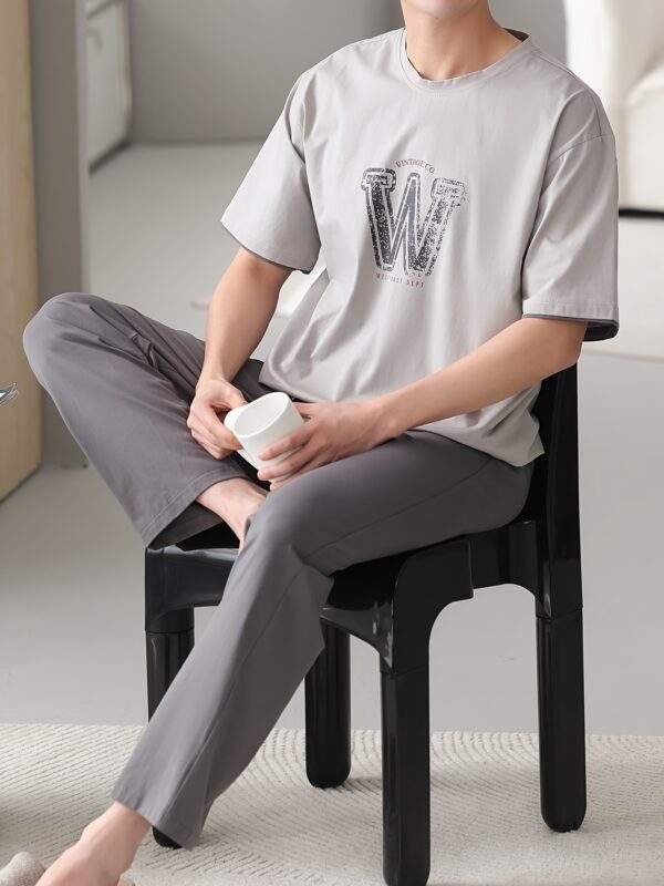 Men'S Casual Summer Cotton Pajama Set - Light Gray, Short Sleeve, Crew Neck, Pocketed, Stretchy Fabric, Regular Fit, No Belt, Home & Outdoor Wear, Relaxed Fit Pajamas | Casual Style | Cotton Fabric - Image 10