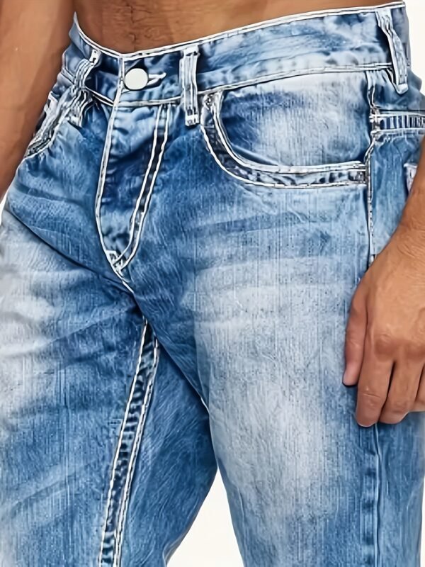 Plus Size Men's Fashion Stretch Jeans – Embroidered Blue Denim with Pockets, Casual & Comfortable, Machine Washable, PLUS SIZE - Image 4