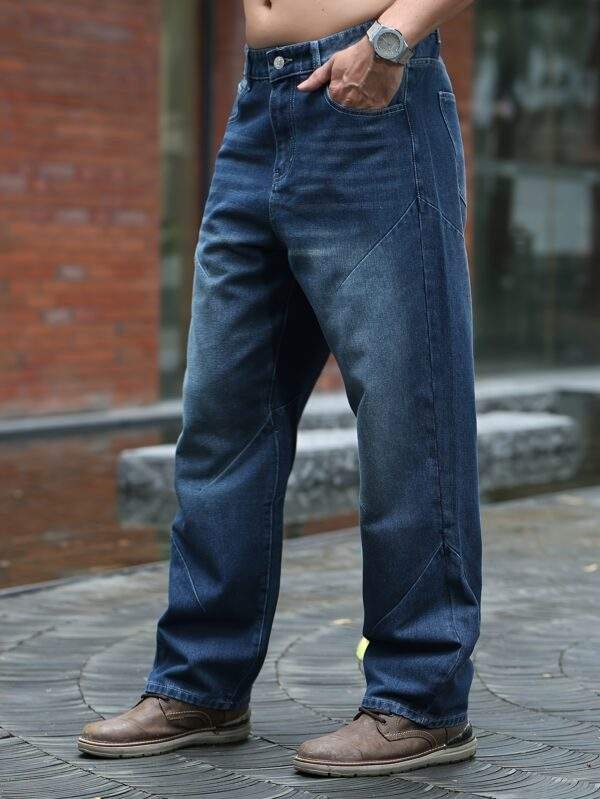 Men’s Plus Size Loose Fit Straight Leg Jeans – Washed Deep Blue Denim, Casual Non-Stretch Fabric, Spring/Fall Relaxed Fit Pants - Image 6