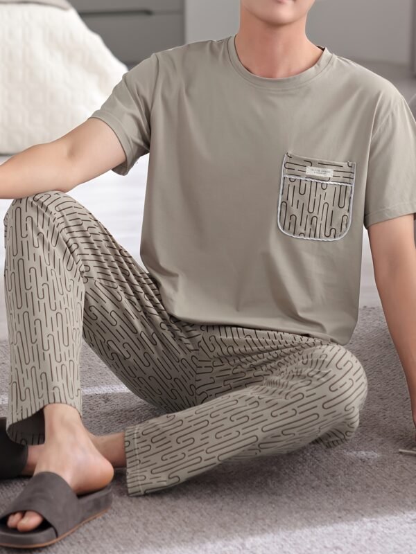 Men's Lightweight Cotton Pajama Set - Casual Solid Color Short Sleeve Tee & Pants, Breathable Summer Sleepwear with Pockets - Image 2