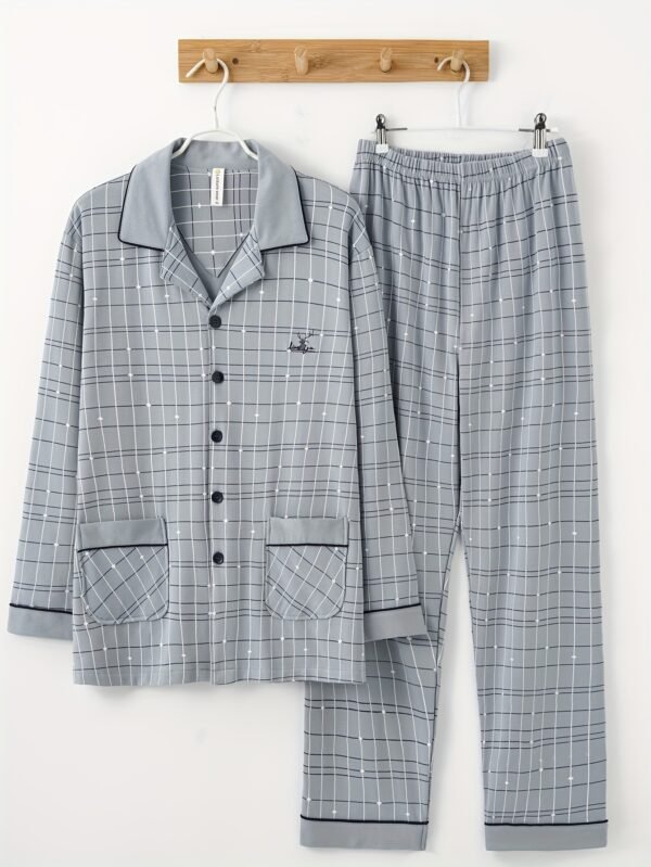 Men's 100% Cotton Pajama Set with Geometric Pattern, Casual Style, Long Sleeve, Knit Fabric, Comfortable Breathable, with Pockets, Spring/Summer/Autumn Collection - Image 4