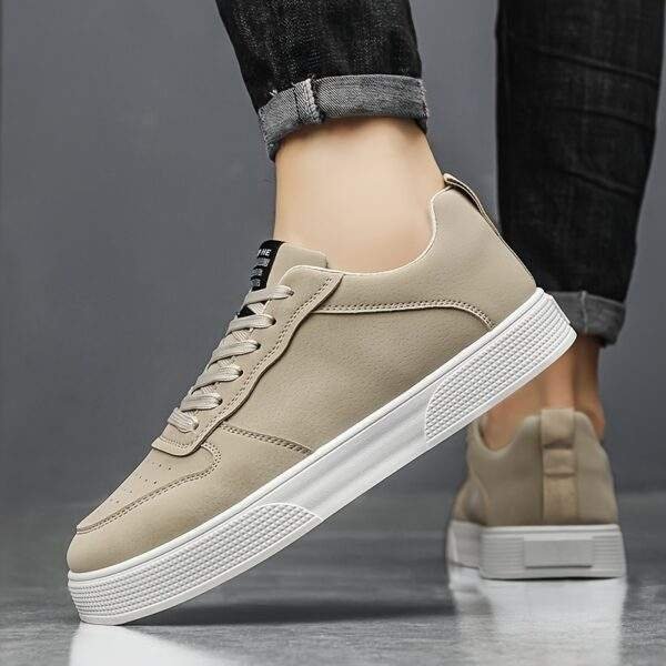Men's 2025 New Low-Top Skate Sneakers - Beige Canvas Lace-Up Casual Streetwear Shoes with PVC Sole, Breathable Fabric Lining & Minimalist Design for All-Season Urban Outdoor Comfort, Skate Shoes, Durable Traction Footwear - Image 5