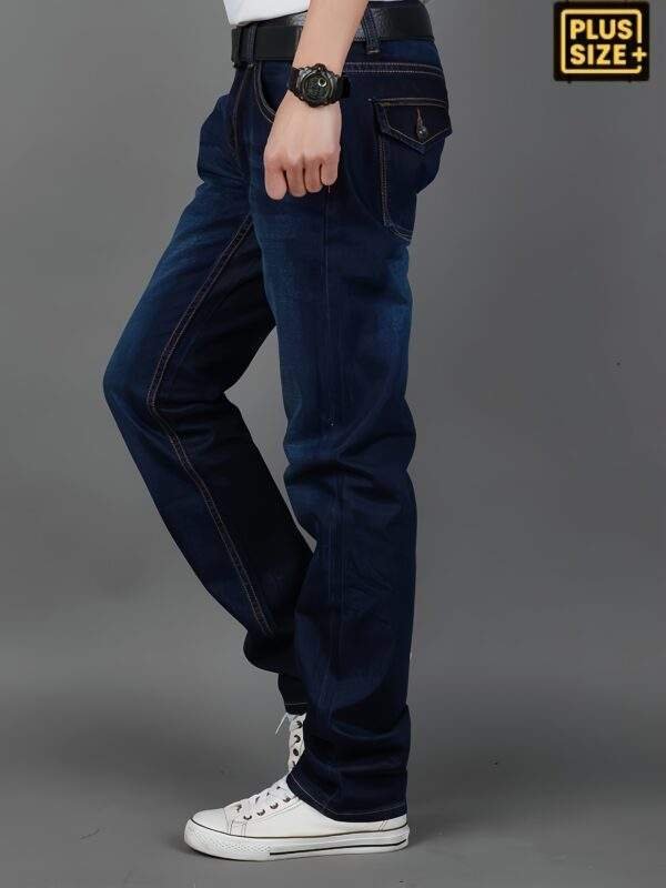 Plus-Size Men’s Stretchy Denim Pants – Comfortable Loose Straight Casual Trousers with Back Pockets & Flaps, All-Season, Plus Size - Image 8