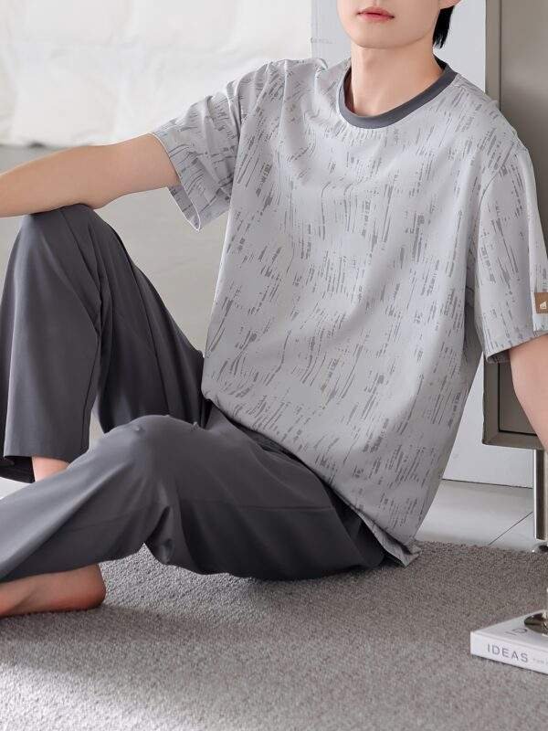 Men'S Casual Summer Cotton Pajama Set - Short Sleeve, Long Pants, Crew Neck, Loose Fit, Geometric Pattern, Breathable Fabric, Ideal for Home Wear, Casual Summer Wear|Geometric Pattern Pajama|Breathable Fabric - Image 3