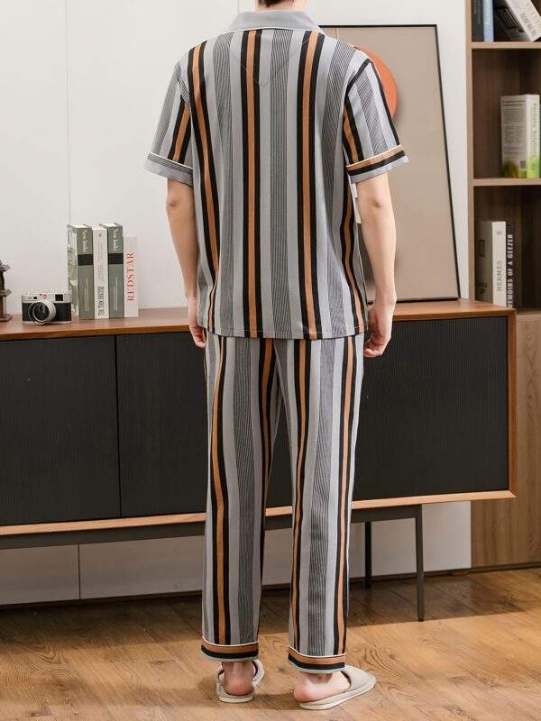 Men's Cotton Pajama Set - Striped Short Sleeve & Long Pants, Lightweight Summer Sleepwear with Lapel Collar and Pockets - Image 6