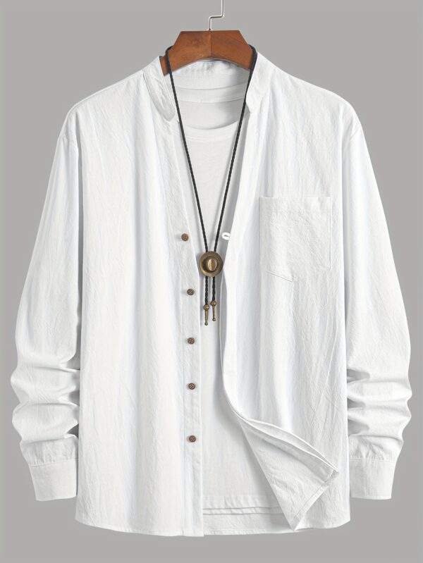 Men's Fashion Classic Solid Color Cotton Breathable Material Pants with Side Pockets and Drawstring Contrast Color Top with V-neck and Hidden Placket Design Suitable for Daily Casual Fashion Simple Outing Street Trend Spring and Autumn New Long Sleeve Two-piece Set - Image 4