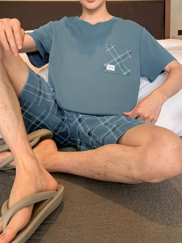 Men's Cotton Casual 2 Piece Pajama Set, Thin Short Sleeve Lounge Wear & Shorts, Fashionable Comfy Home Wear Set - Image 4