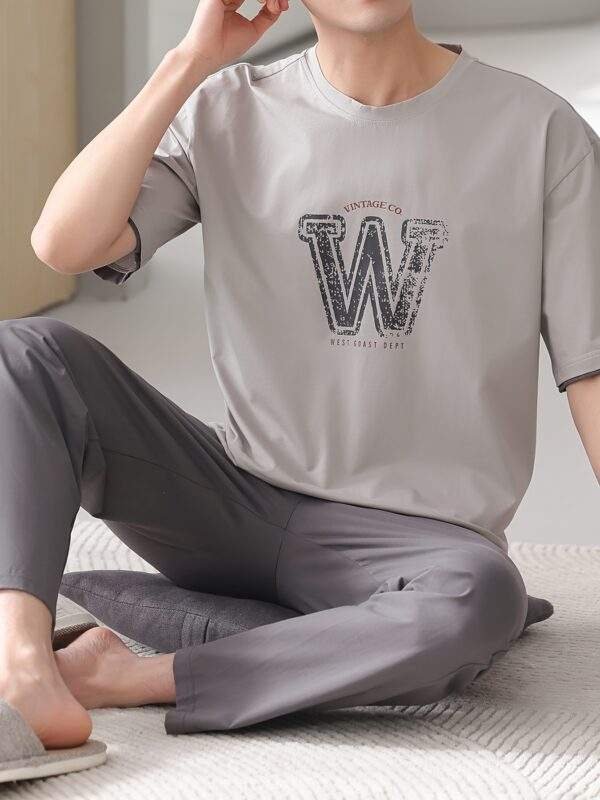 Men'S Casual Summer Cotton Pajama Set - Light Gray, Short Sleeve, Crew Neck, Pocketed, Stretchy Fabric, Regular Fit, No Belt, Home & Outdoor Wear, Relaxed Fit Pajamas | Casual Style | Cotton Fabric - Image 7