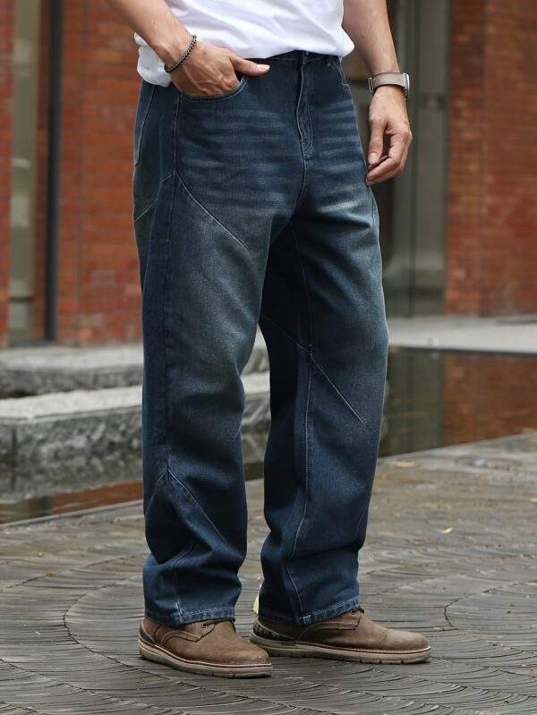 Men’s Plus Size Loose Fit Straight Leg Jeans – Washed Deep Blue Denim, Casual Non-Stretch Fabric, Spring/Fall Relaxed Fit Pants - Image 5
