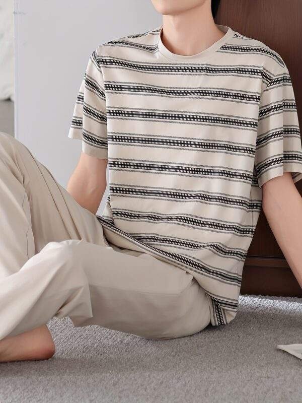 Men'S Summer Cotton Pajama Set - Casual Striped Short Sleeve & Pants, Breathable Loose Fit with Pockets, Round Neck, Lightweight for Home & Lounge Wear, Comfortable Clothing | Casual Style | Breathable Fabric - Image 4