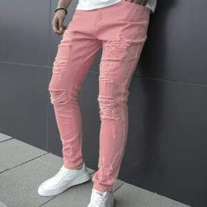 Plus Size Men’s Ripped Solid Denim Trousers – Slim Fit Cotton Blend Jeans with Pockets for Outdoor Activities