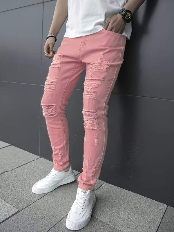 Plus Size Men’s Ripped Solid Denim Trousers – Slim Fit Cotton Blend Jeans with Pockets for Outdoor Activities