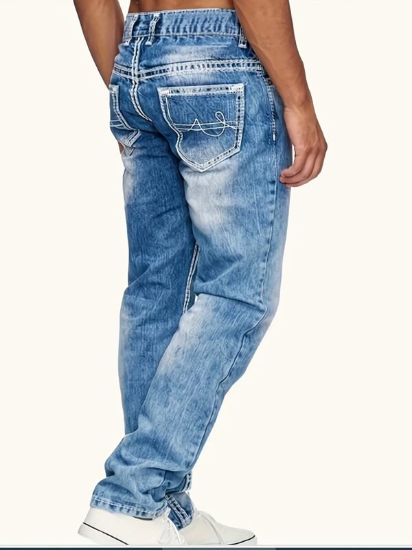 Plus Size Men's Fashion Stretch Jeans – Embroidered Blue Denim with Pockets, Casual & Comfortable, Machine Washable, PLUS SIZE - Image 2