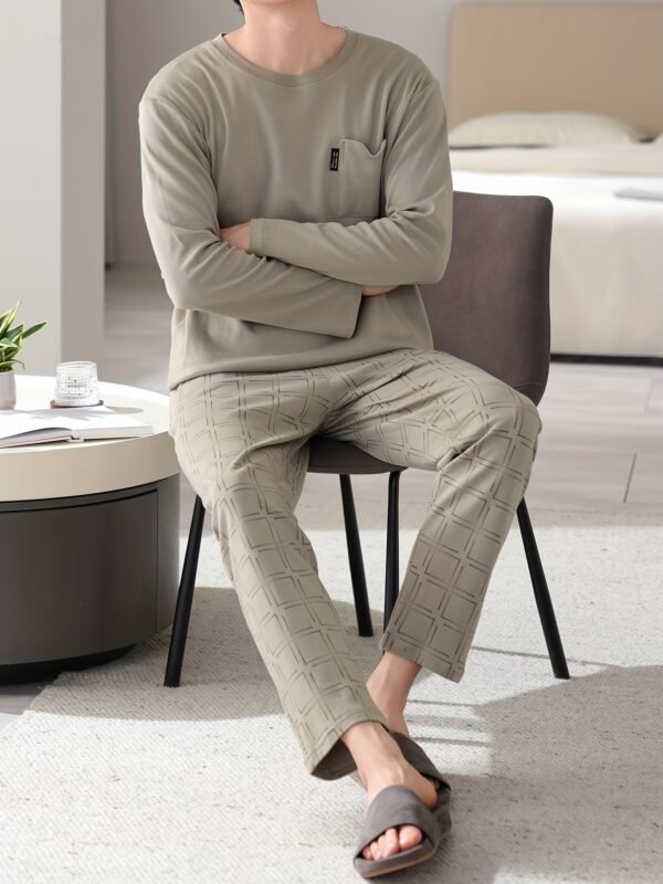 1set Men'S Casual Cotton Pajama Set, Long Sleeve Round Neck Sleepwear with Pockets, Loose Fit Knitted Pullover for Spring/Autumn - Comfortable Thin Cotton Outfit - Image 9