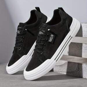 Fashion-Forward Men's Sneakers for Spring & Fall - Versatile Black with White Accents, Casual Lace-Up Style, Durable PU Upper & EVA Insole, Perfect for Casual Attire