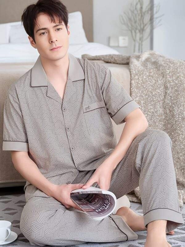 Men'S 100% Cotton Geometric Print Pajama Set - Soft, Comfortable, Breathable Short Sleeve Sleepwear for Spring & Summer, Ideal Gift, Breathable Clothing | Modern Casual Wear | Glossy Finish - Image 5